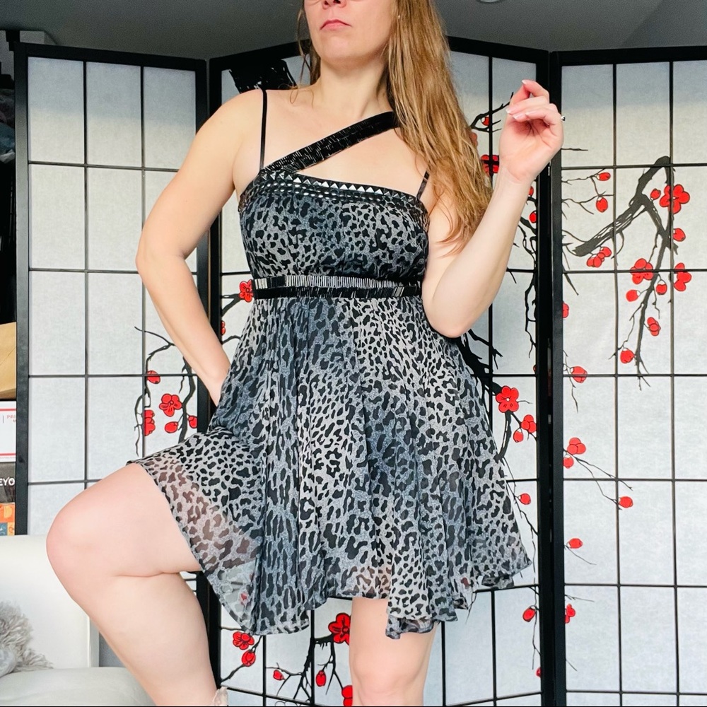 Bebe Silk Dress High Waist Hi-Lo Leopard Print A-line Studs Bugles Beaded Silk